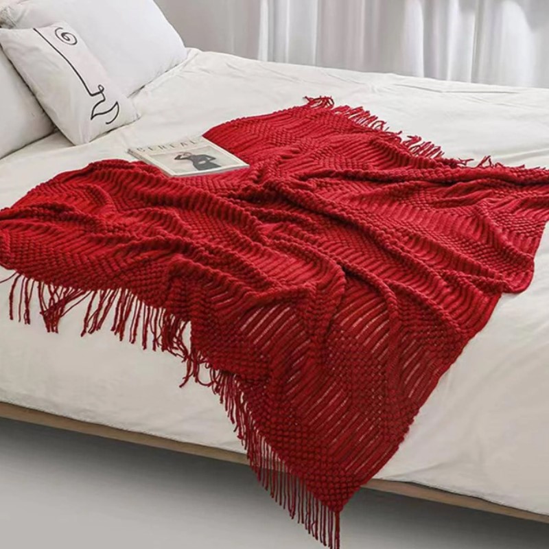 Red Boho Chunky Knitted Throw  - đánh giá và giá Throw Blanket Chunky Knit